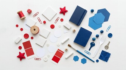 Fototapeta na wymiar Patriotic flat lay background with red, white, and blue stationery, notebooks, office supplies and craft objects on white surface