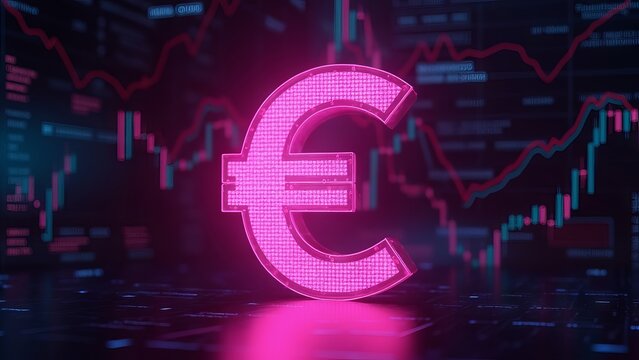 Neon glowing euro currency symbol against a dark digital financial trading chart background.
