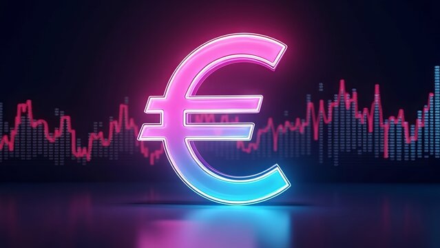 Neon glowing euro currency symbol on a digital stock market background.