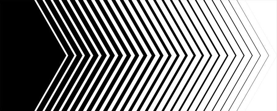 Black linear arrow background. Repeated triangle gradation pattern backdrop. Fading halftone stripe gradient texture. Thin to thick speed line concept for overlay, poster, print, cover, banner. Vector