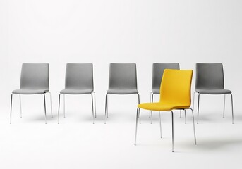 Obraz premium Unique Yellow Chair in Front of Gray Office Chairs Minimalist Studio Background