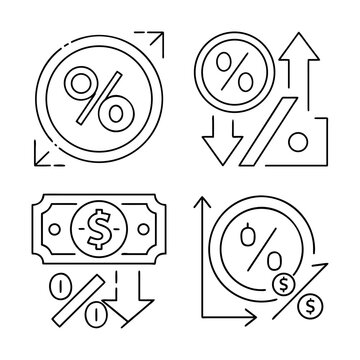 Flat icons showing money growth and percentages - Four simple vector icons illustrating financial growth, interest rates, and percentage increase concepts.