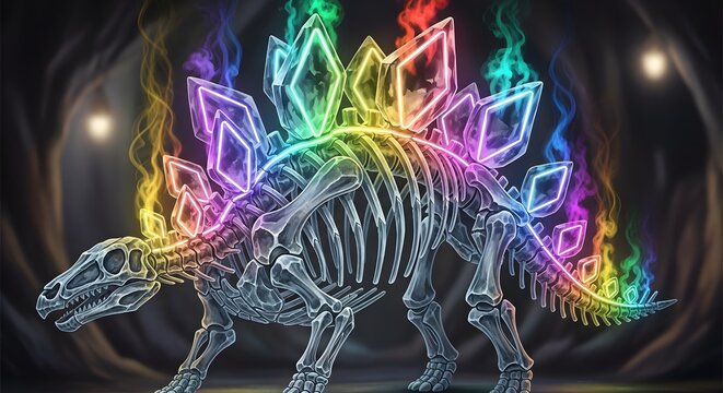 Magical Stegosaurus Skeleton with Glowing Rainbow Crystal Plates in a Dark Cave