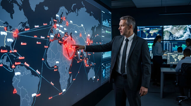 Executive pointing at global supply chain map on large touchscreen, logistics network, red alert zones, cargo ships and trucks icons, crisis command center, no visible text