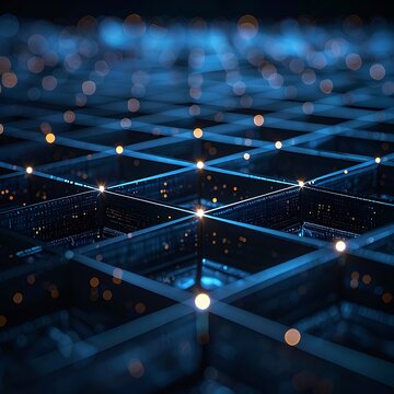 Futuristic grid network with glowing nodes.