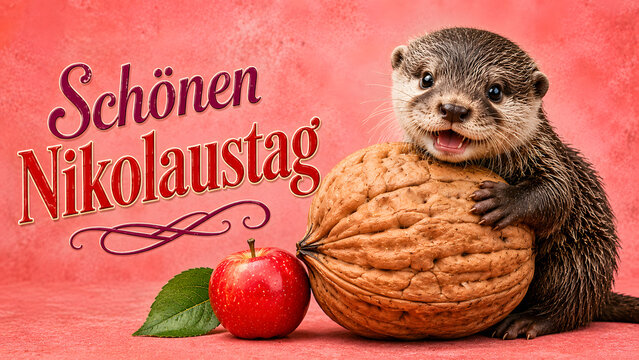 Delightful otter pup presents a sizable walnut beside a fresh apple, embodying a sweet and festive spirit for winter holidays and joyful greetings, perfect for seasonal designs