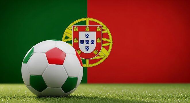 Soccer ball on grass with portuguese flag background elements