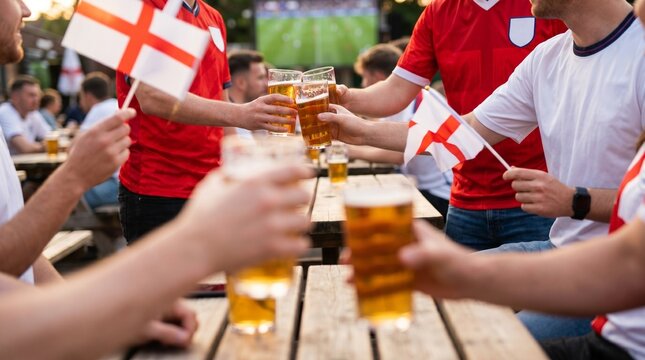 Friends celebrating with English flags and beers while watching a football match