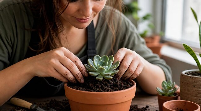 Woman potting a small green succulent plant in a terracotta pot.
