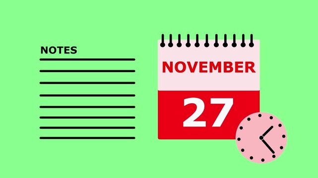 November 27 calendar page with notes on green background date.