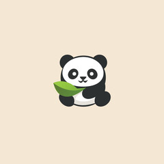 Fototapeta premium Cute Minimalist Panda with Green Leaf Vector Illustration