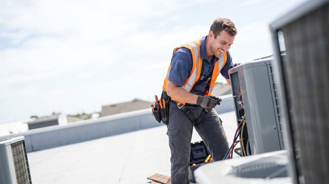 HVAC technician working on an air conditioning unit on a rooftop