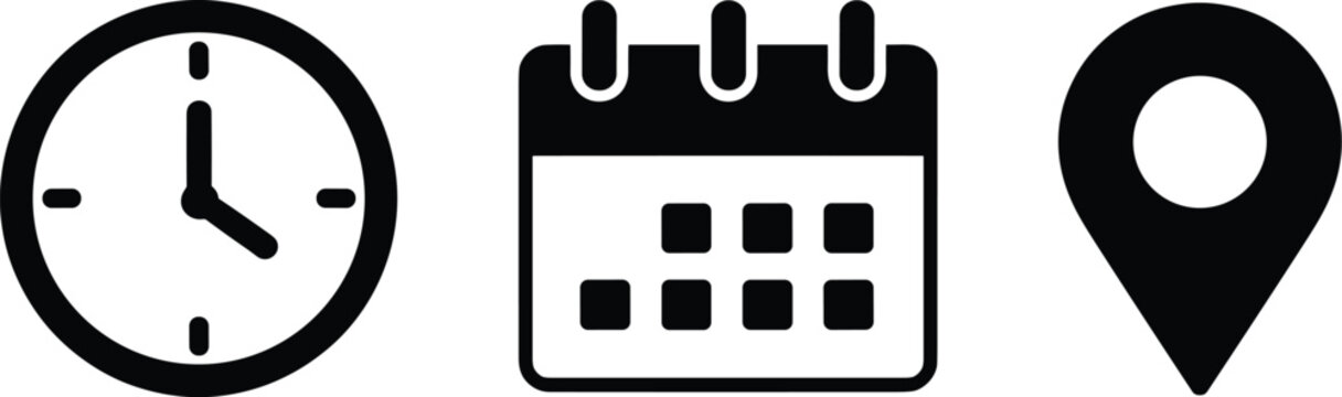 Set of three black featuring a round clock face with hands a rectangular calendar page with grid squares and a teardrop shaped map location pin marker isolated on a white background