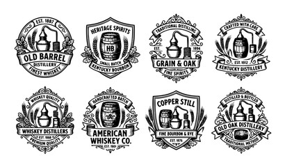 Fototapeta premium Vintage distillery logo vector with whiskey barrel and heritage emblem design