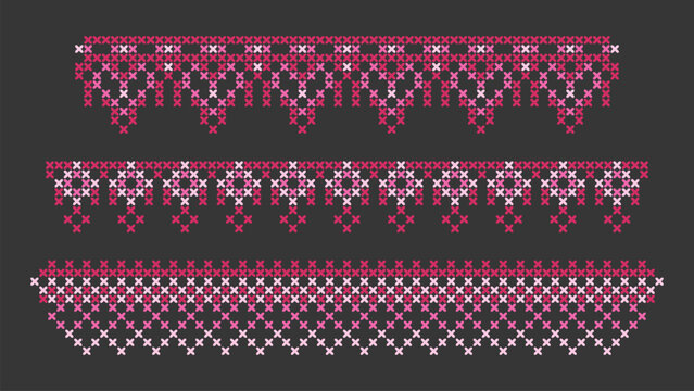 Traditional geometric cross stitch floral border set isolated on black canvas background. Vector realistic illustration, pink ethnic embroidery motifs with abstract flowers, seamless folk art pattern