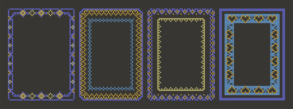 Traditional geometric cross stitch floral frames isolated on black canvas background. Vector realistic illustration, color ethnic embroidery rectangle borders with abstract flowers, hearts motifs