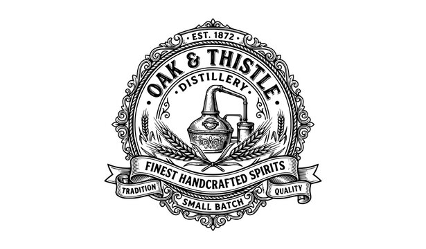 Classic distillery badge logo vector with whiskey barrel and vintage branding style