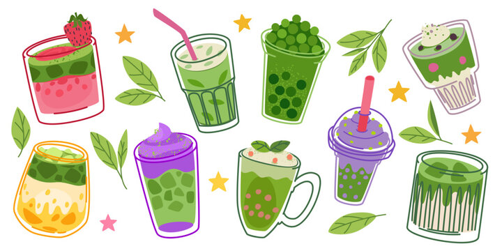 Matcha drink icons isolated on white background. Vector doodle illustration of hand drawn green leaves, iced bluberry or orange matcha coffee, and strawberry latte bubble tea in glass for cafe menu