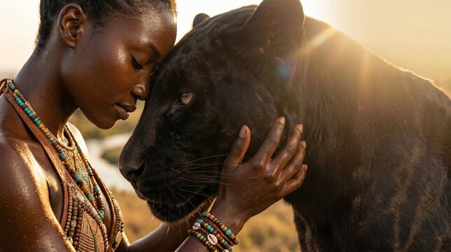 Woman and black panther in gentle embrace at sunset