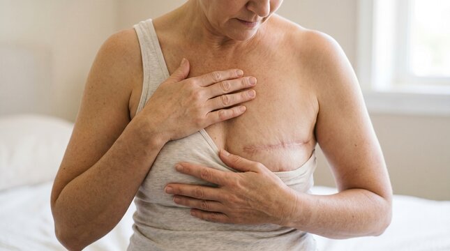 Woman touching chest showing scar after mastectomy