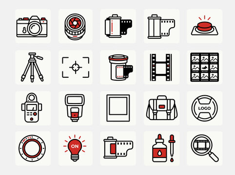 Photography Icons Set: Camera, Film, Tripod, Lens, Flash, Light Meter & More