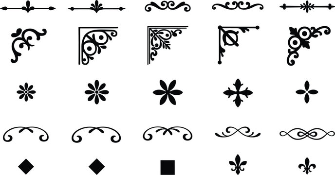 Collection of black decorative vintage corner flourishes page dividers and floral ornaments isolated on a white background for page layout embellishment and border decoration
