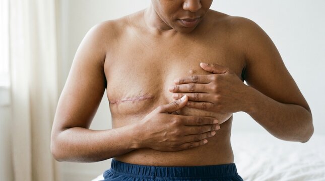 Person with mastectomy scar holding chest