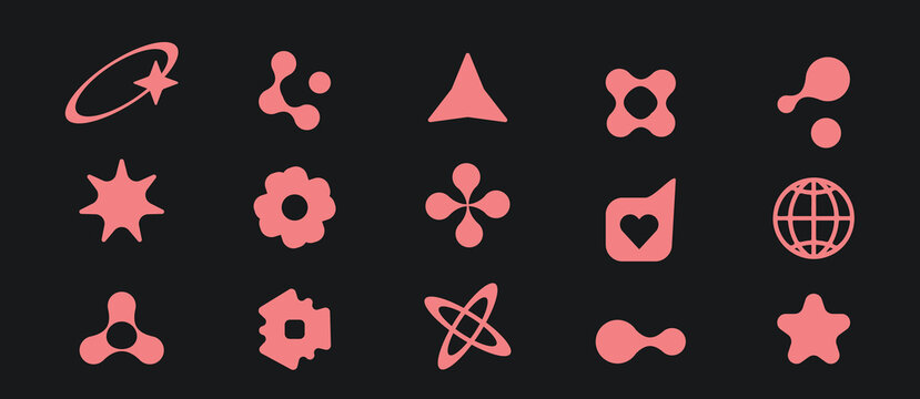 Abstract bauhaus shapes set isolated on black background. Vector realistic illustration of color symbols for retro poster design, brutalist bold flower, atom, star, metaball icons, groovy elements
