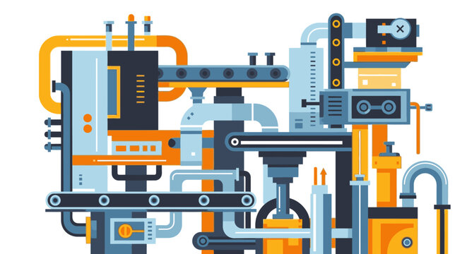 Industrial animation scene showing a complex machinery setup with various pipes and equipment in an industrial environment from a technical viewpoint.