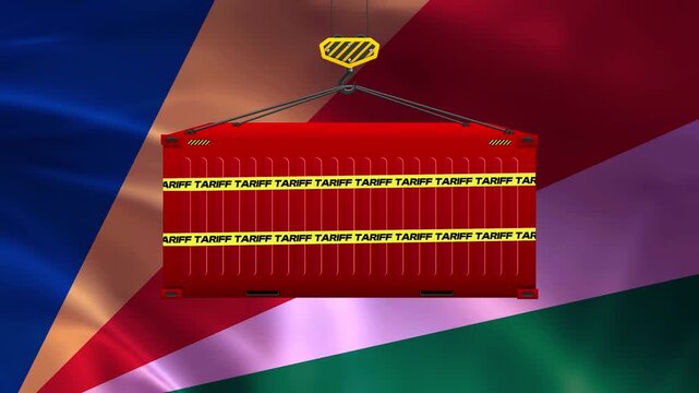 Global Trade Disruption: A red shipping container, banded with yellow tape marked TARIFF, is suspended by a crane against a backdrop of draped national flags, symbolizing international trade barriers.