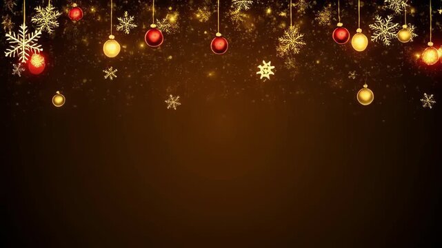 Christmas border with golden ornaments and snowflakes on dark.