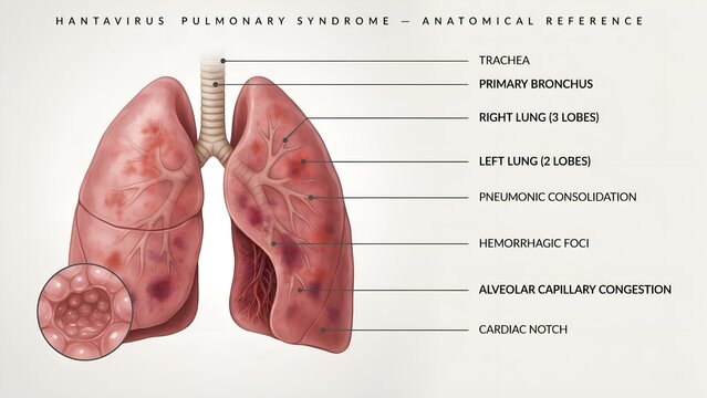 Anatomical reference illustration of lungs affected by Hantavirus Pulmonary Syndrome, showing various pathologies.