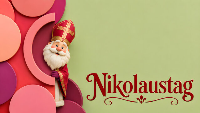 Saint Nicholas Day Illustration with a Festive Figure and Decorative Elements on a Soft Green Background