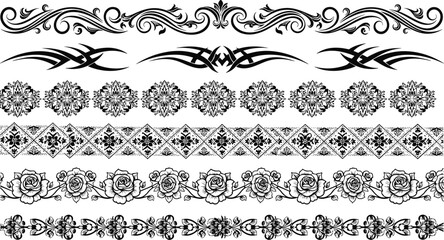 Fototapeta premium Black ornamental border illustration set featuring floral, tribal, filigree, rose, and decorative heart patterns for design projects
