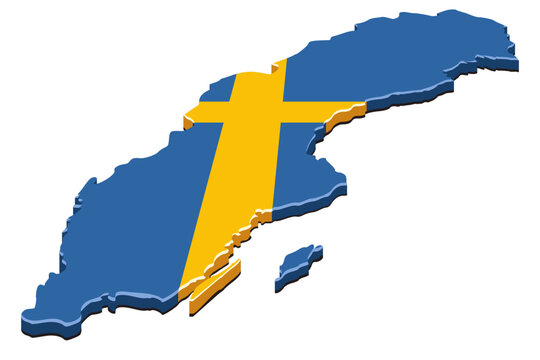 Vector artwork representing the 3D isometric map of Sweden with the national flag pattern, symbolizing travel, scandinavian tourism, and country identity, (cut out)