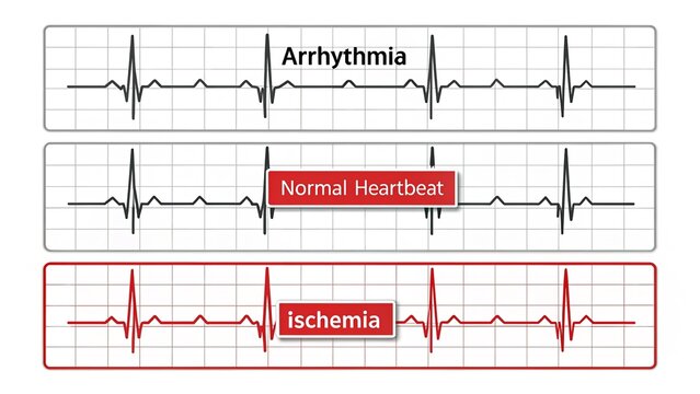 ECG heart rate monitor with arrhythmia, normal heartbeat and ischemia