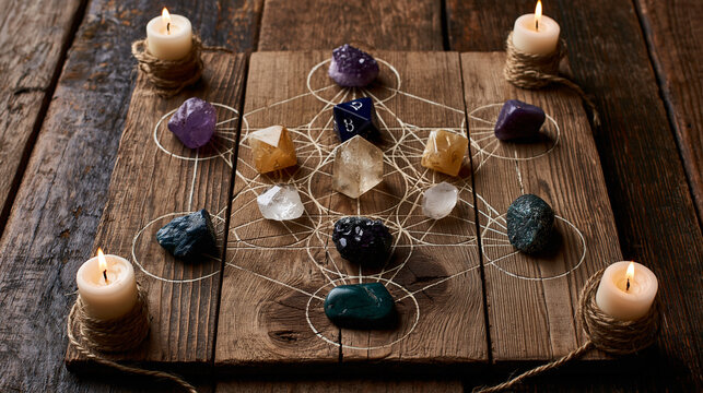 Healing Crystals and Stones: Spiritual Meditation Setup with Amethyst and Quartz on Wooden Altar for Holistic Wellness and Balance