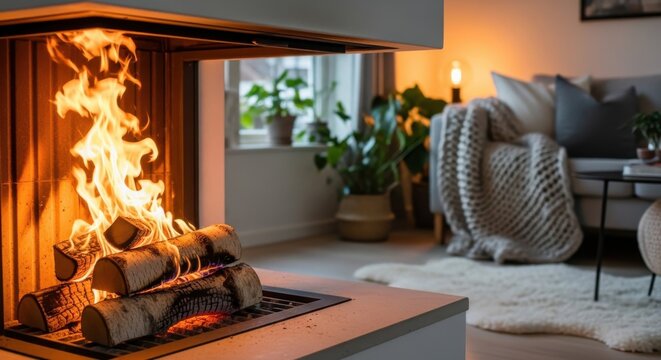 Bright active fire consuming birch logs in a cozy home fireplace on a chilly evening