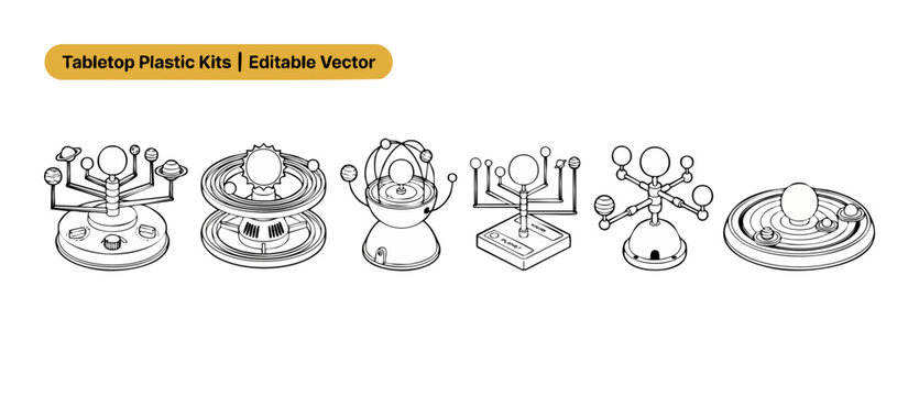Solar system model orrery line art vector set of tabletop plastic astronomy kits for science education and celestial planetary orbits, minimal outline design illustration isolated on white background.