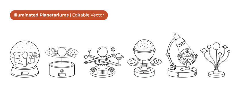 Solar system planetarium model vector set with illuminated space projectors, educational school orrery toys, galaxy night light globes, and science line art icons for astronomical education design.