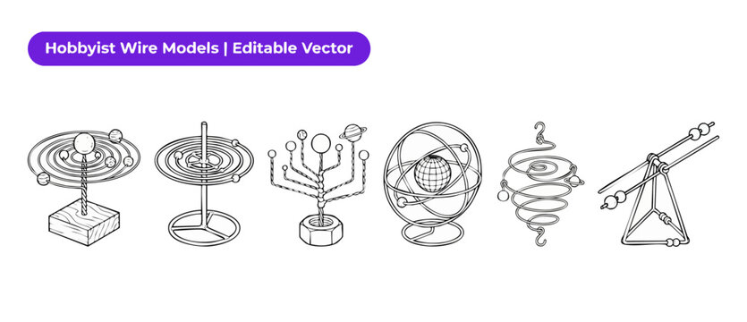Solar system wire models vector set featuring handmade orrery, planetary orbit designs, astrolabe armillary sphere, and miniature catapult line art icons for physics, educational hobby science project