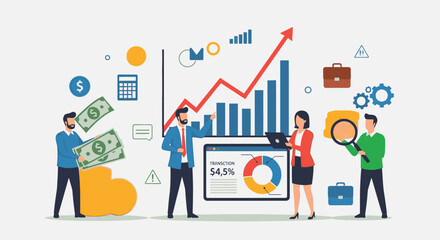 Naklejka premium Business professionals analyze data on a glass jar mockup with graphs