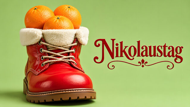 Festive red boot filled with fresh oranges, a symbol of joyful winter celebrations and cherished traditions, on a vibrant green backdrop