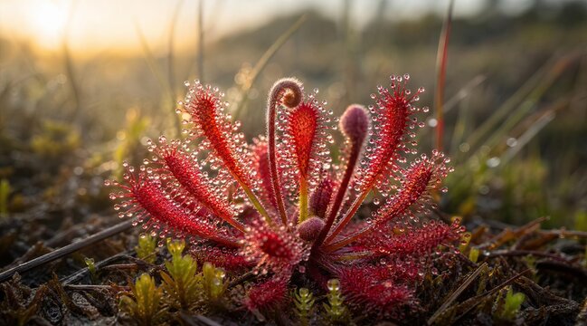 Close up of a sundew carnivorous plant in a bog at sunrise.
