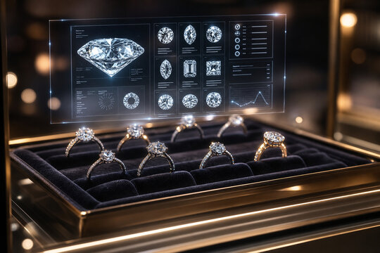 A display case shows several diamond rings arranged neatly on a black surface. Above the rings, a digital screen provides information about the diamonds. The setting is a jewelry store at night.