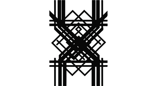 Geometric lines intersect in a symmetrical pattern to create a complex abstract graphic design.