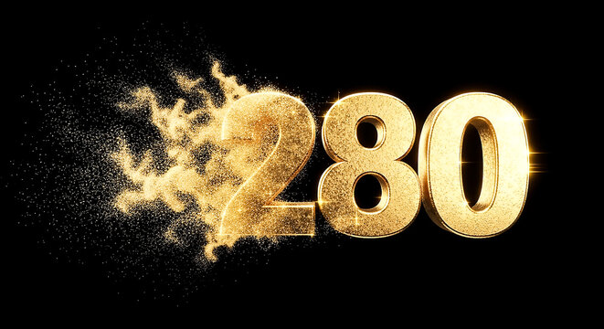 Striking digital illustration of the number 280 in gold, surrounded by sparkling snowflake particles against a dark background.