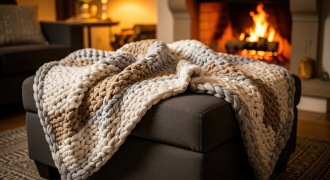 Chunky knit throw blanket with warm earth tones draped over furniture, providing cozy comfort near a fireplace.