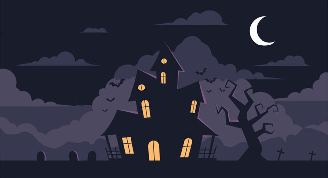 A spooky haunted house stands alone under a full moon in a dark graveyard with a bare tree and cloudy night sky.