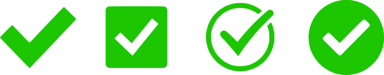 Green checkmark icons in various shapes on white background, tick symbols for approval and confirmation. © SarfarazAhmed
